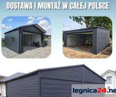 Garaż blaszany w kolorze grafit z bramą uchylną i dodatkami